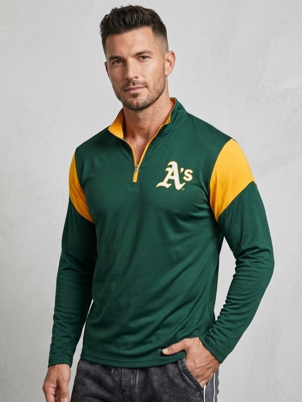 Fanatics Jersey A's XL Baseball Green & Yellow Quarter-Zip Pullover Sweatshirt